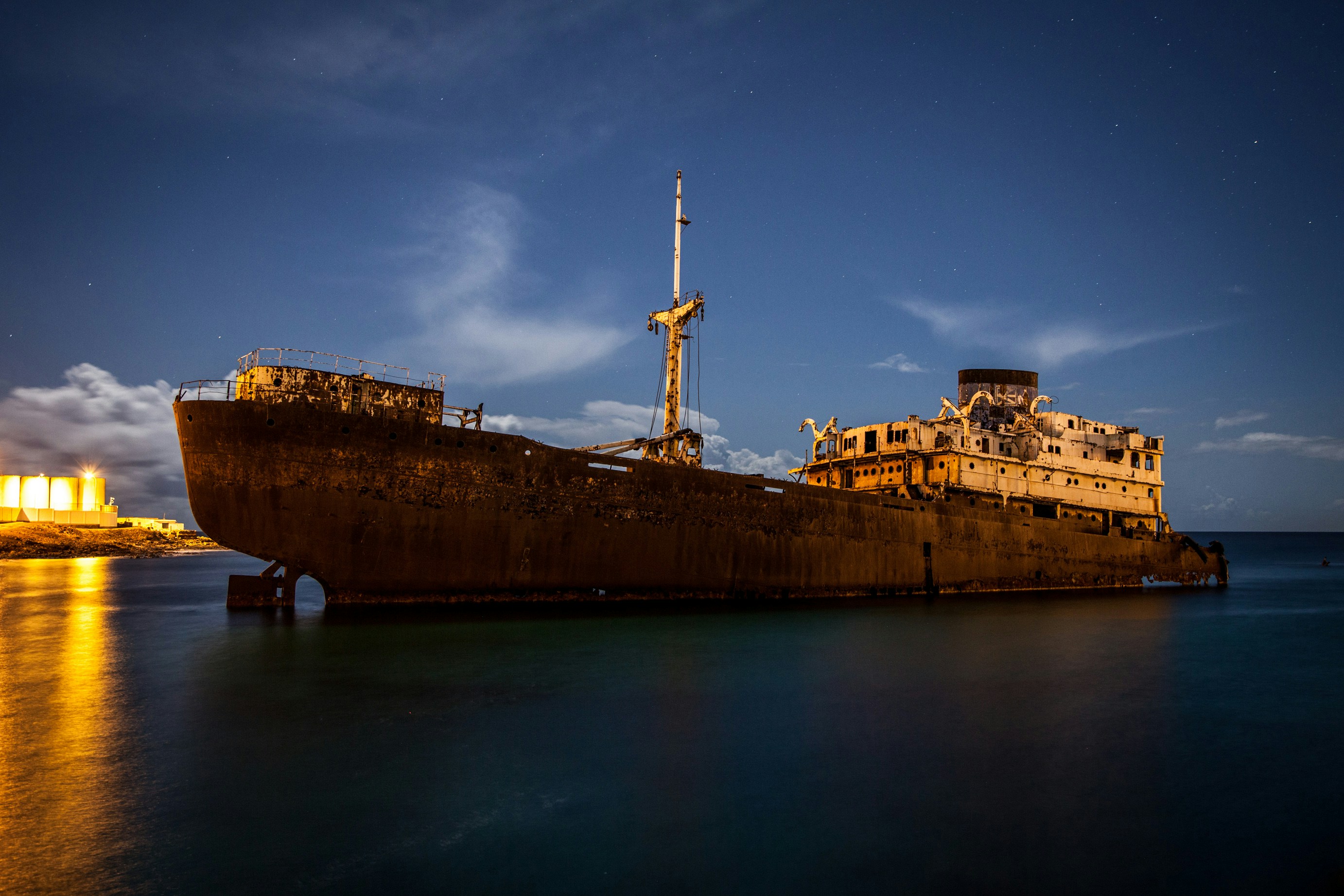 Vessel awaiting dismantling at night