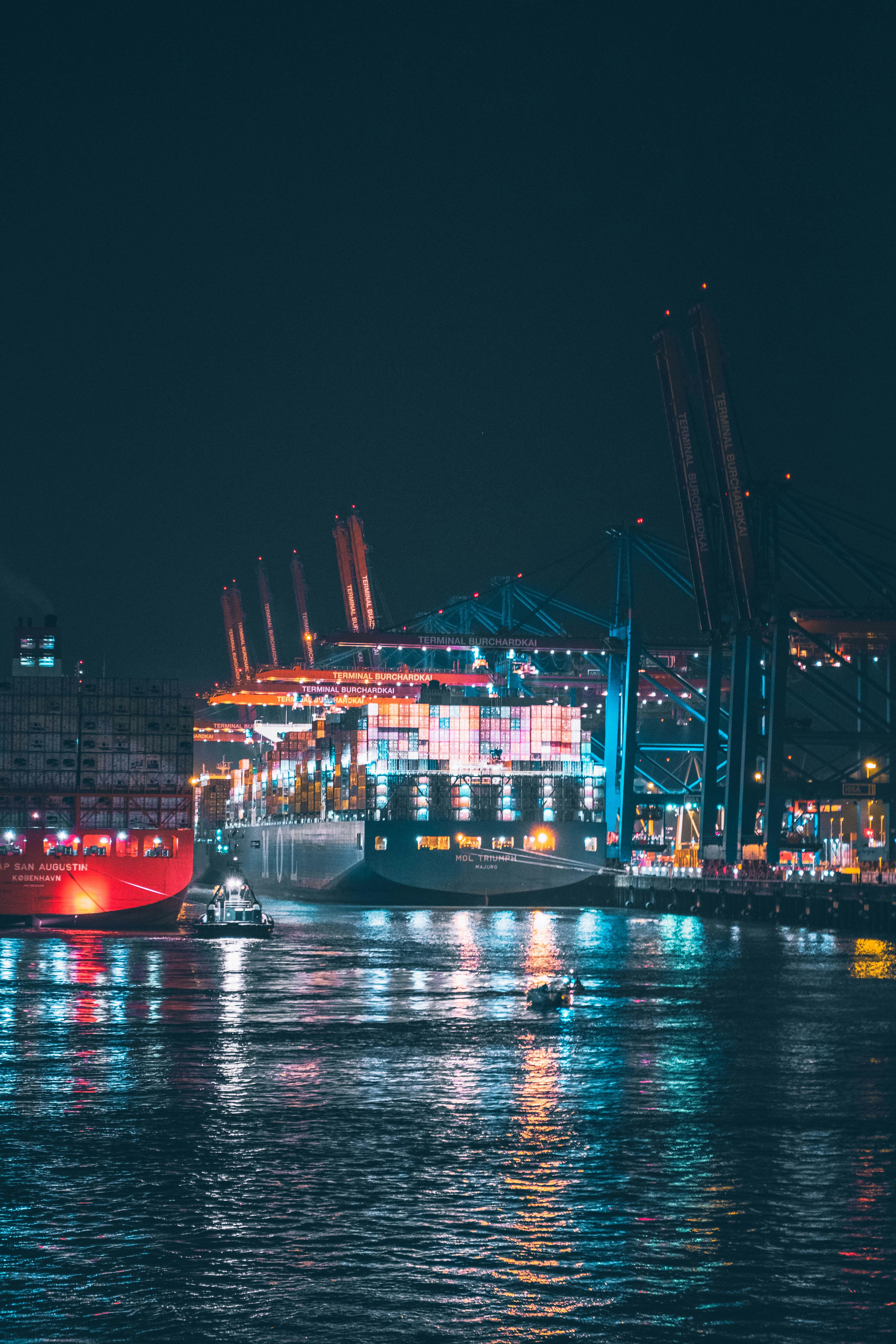 Container terminal illuminated at night