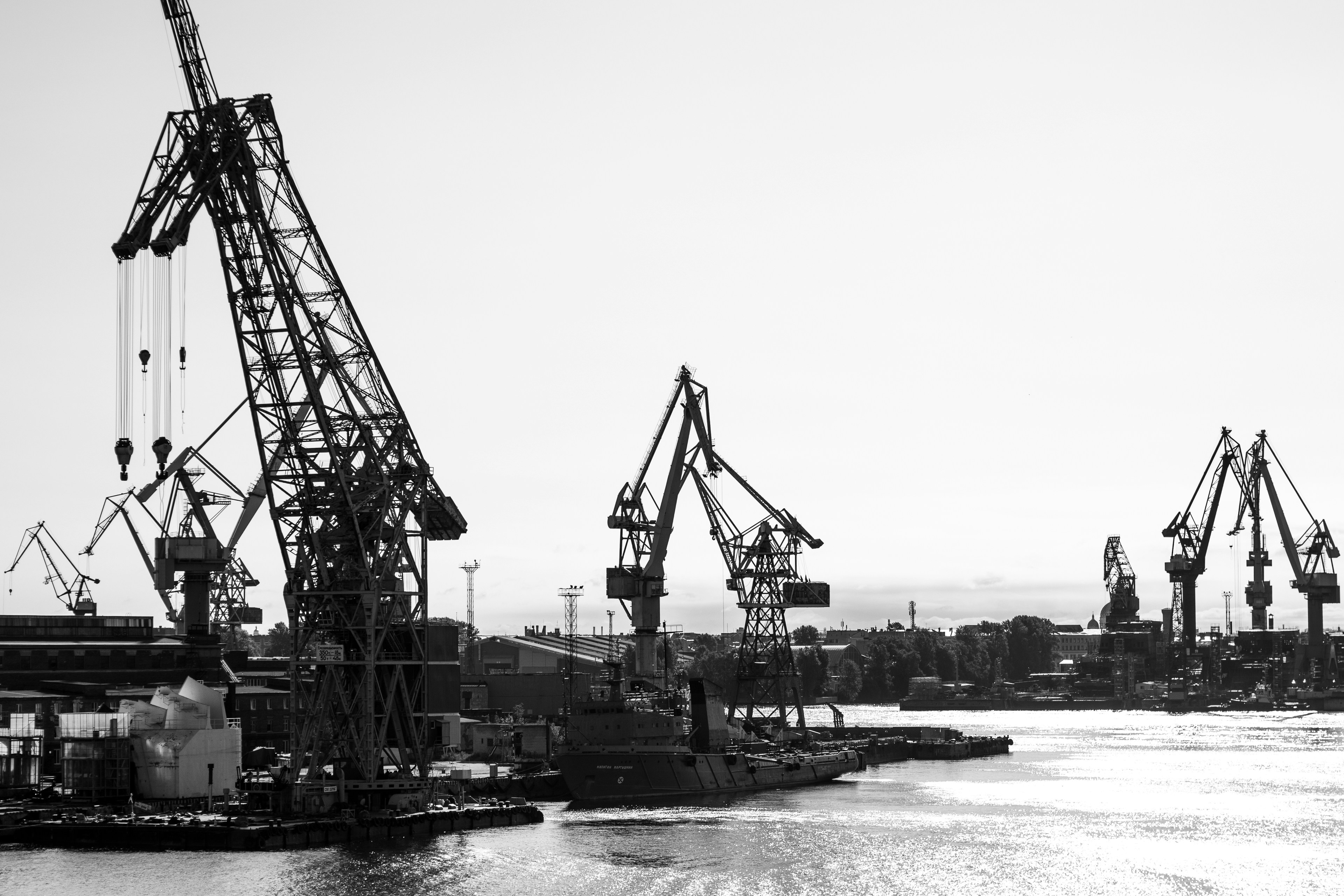 Shipyard cranes during operations