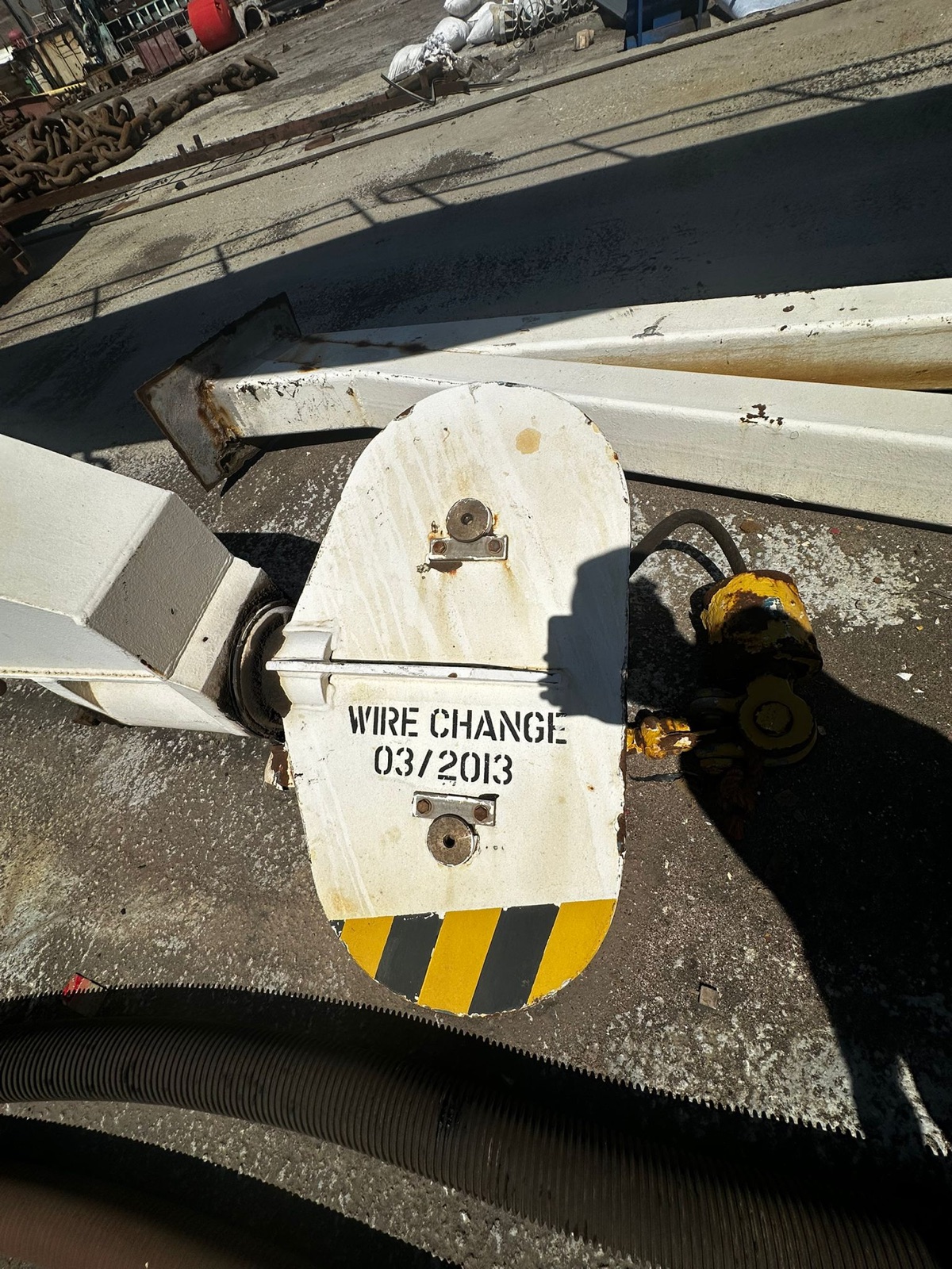 Sheave block with wire change record marked 03/2013
