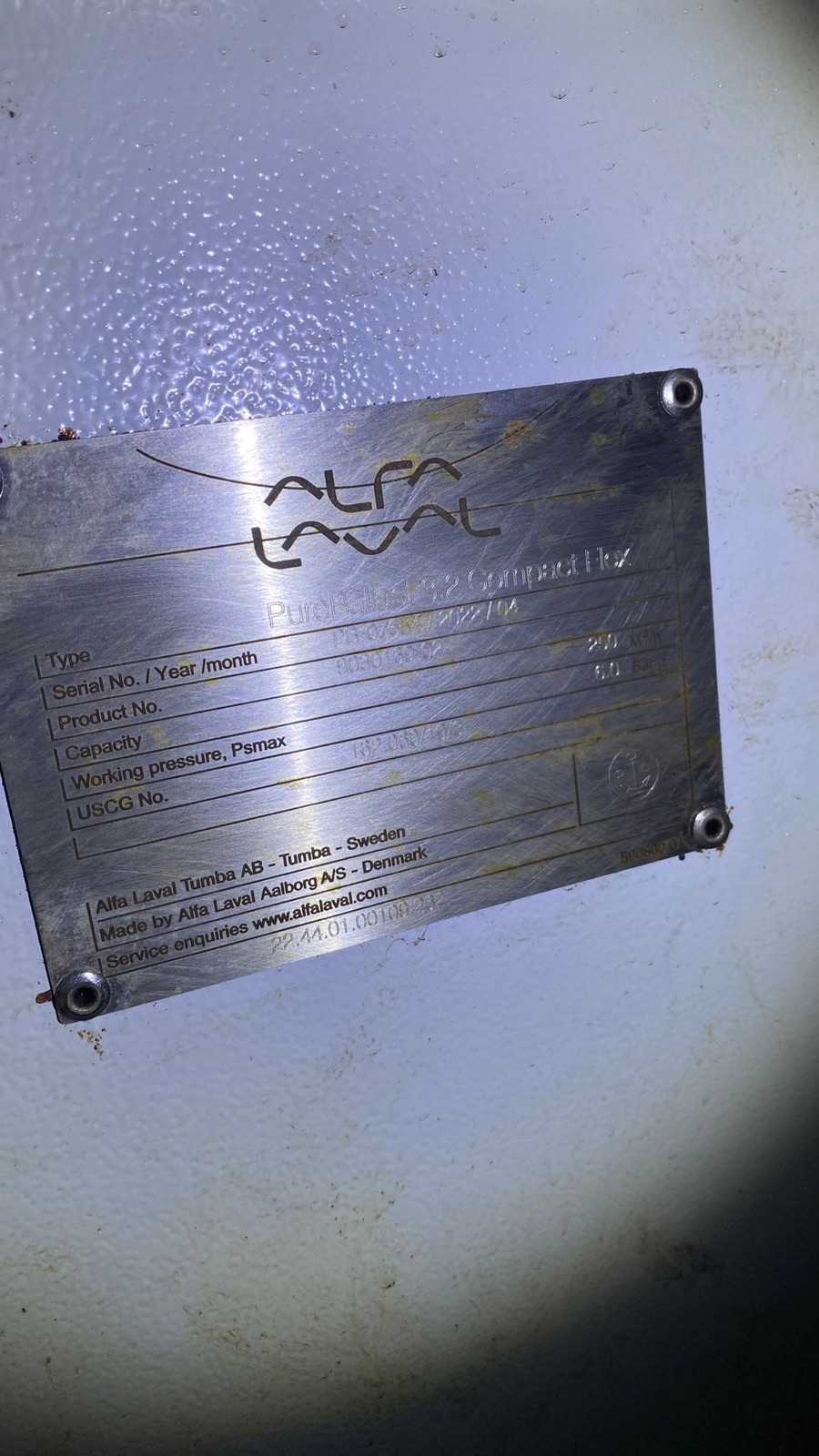 Alfa Laval PureBallast 3 Compact Flex nameplate