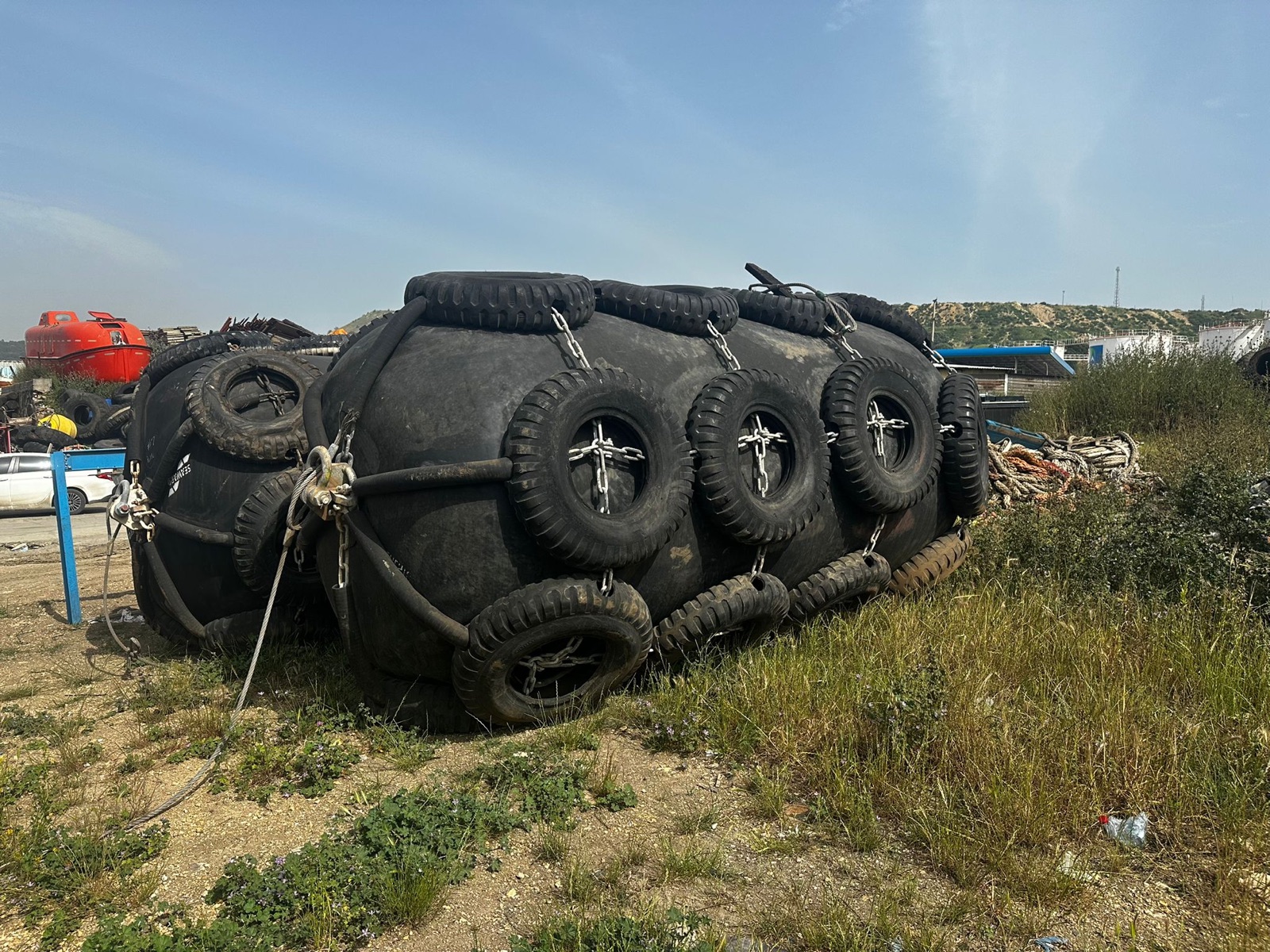 Pneumatic fender side view at the yard
